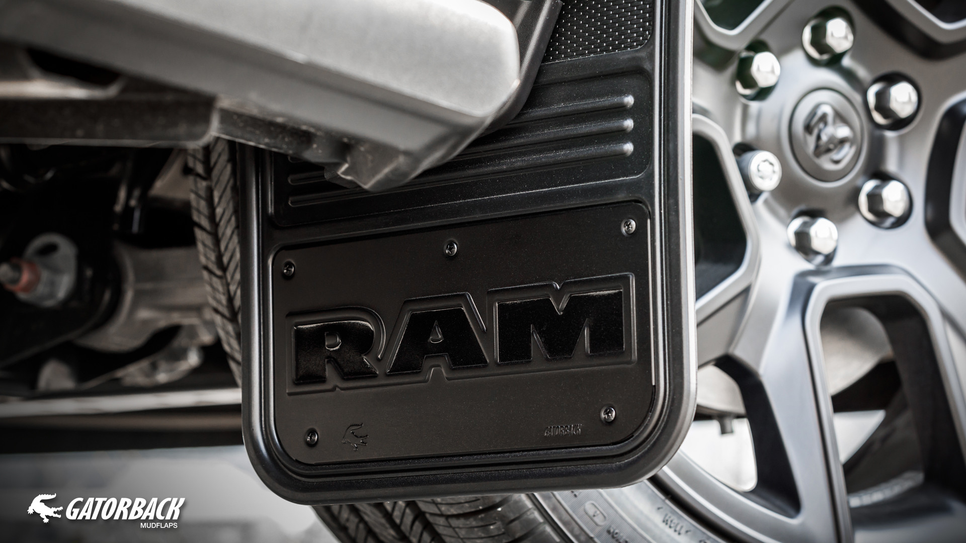 Gatorback Ram Text Logo Mud Flaps Black Anodized Aluminum